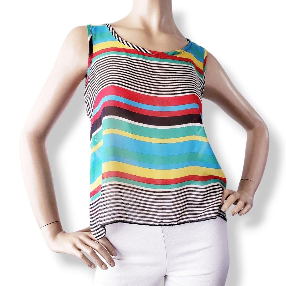 Vivace Multicolored Retro Striped Gold Button Back Detail Blouse